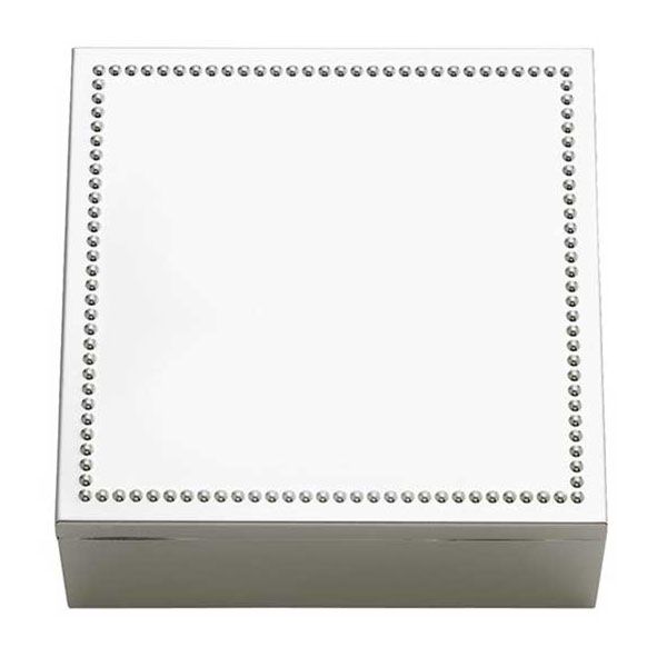 Square silver plated Lyndon jewelry box with beaded border by Reed & Barton featuring blank space for custom engraving.