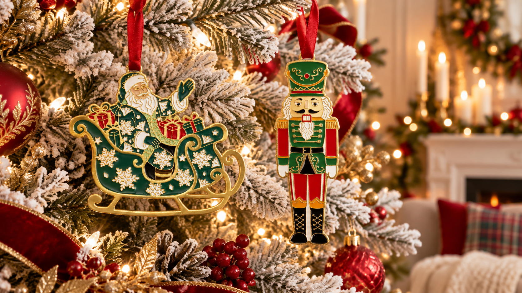 green, white, and red enameled ornaments on frosted tree