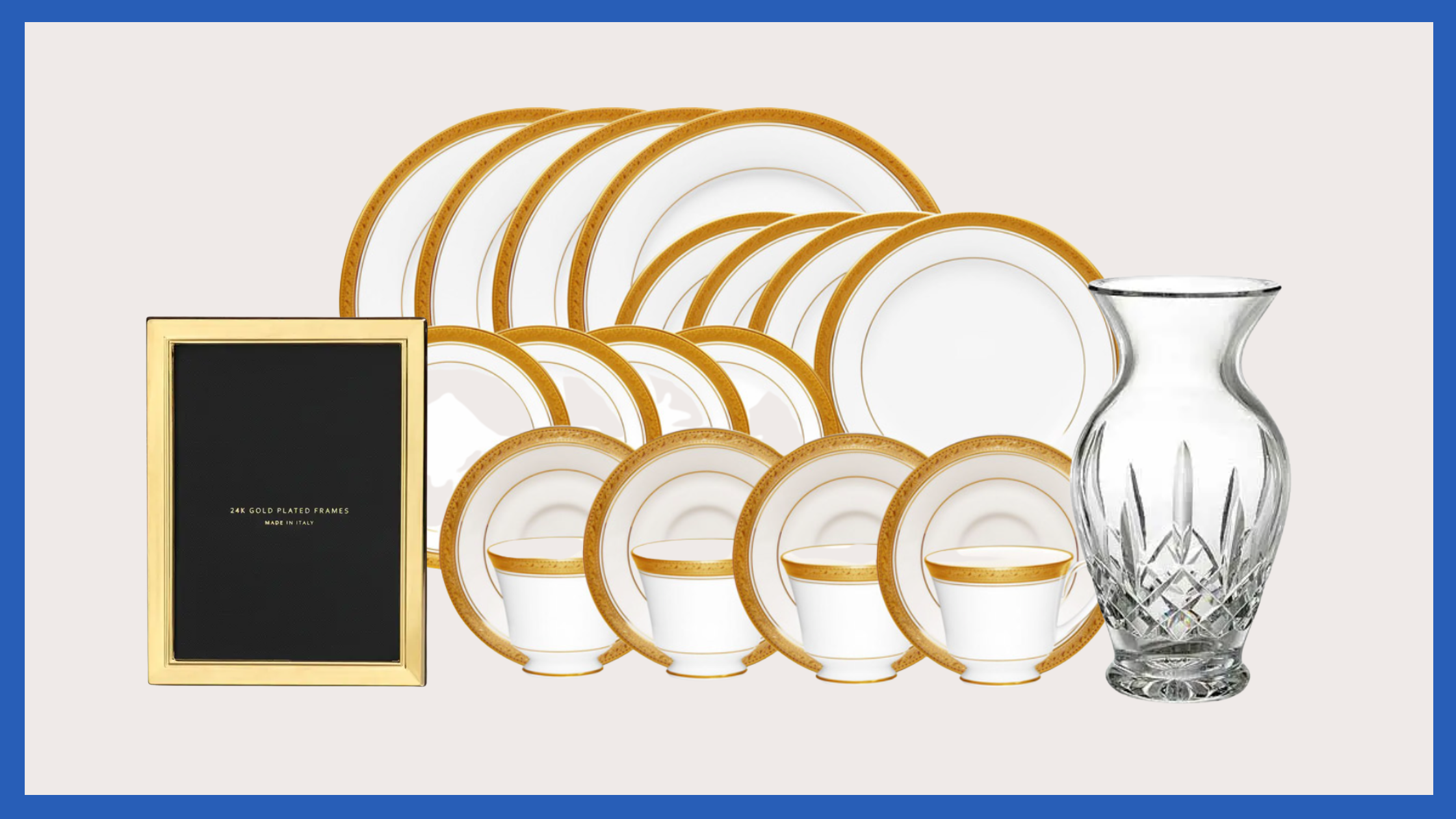 Gold China behind a gold picture frame and crystal vase