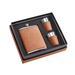 A photo of Caramel Leatherette Flask & Stainless Steel Shot Glass Set
