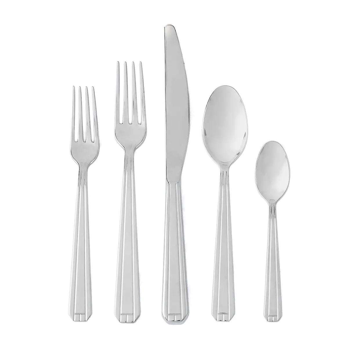 Set of forks, spoons, and a knife on a white background