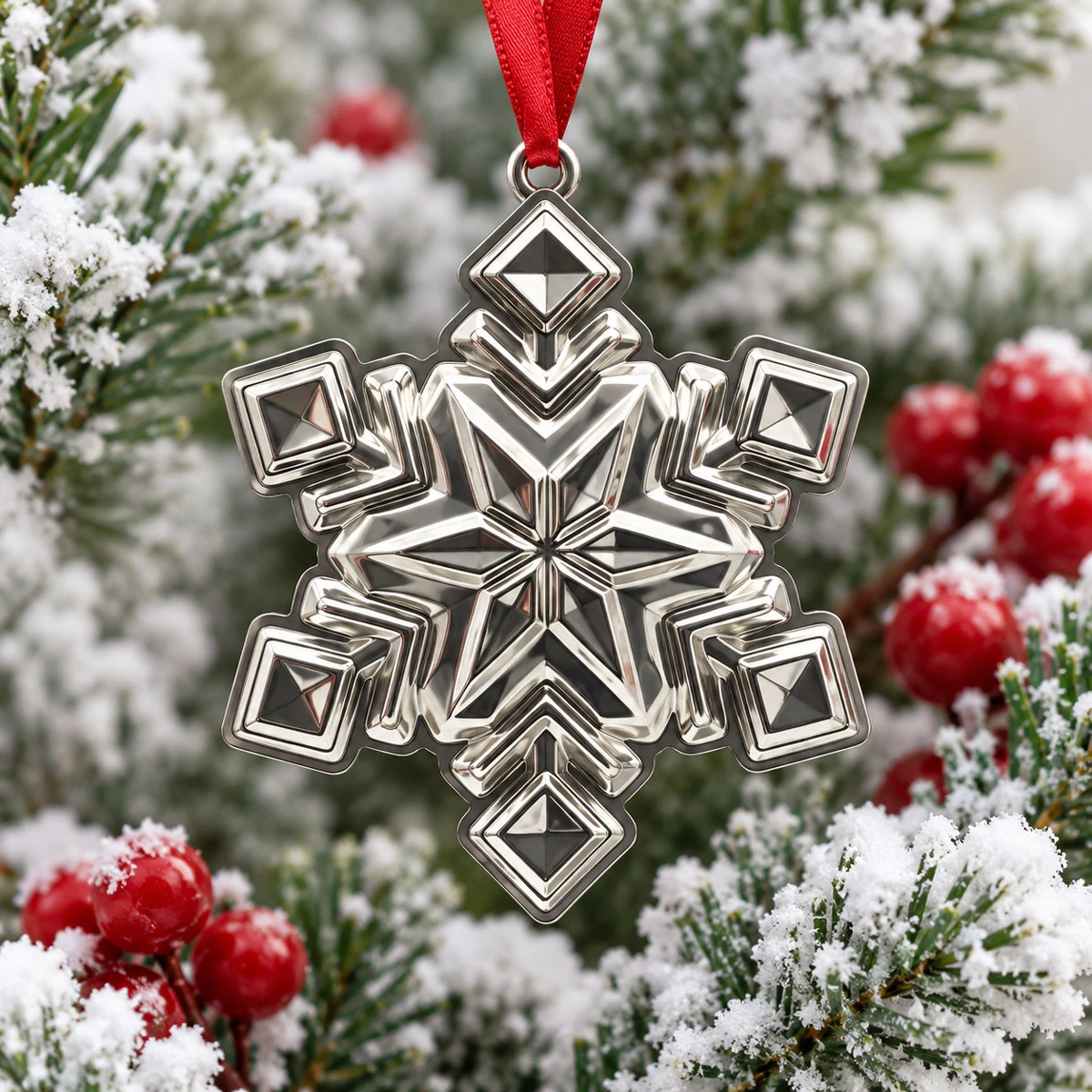 Mirror finished silver snowflake ornament with red ribbon