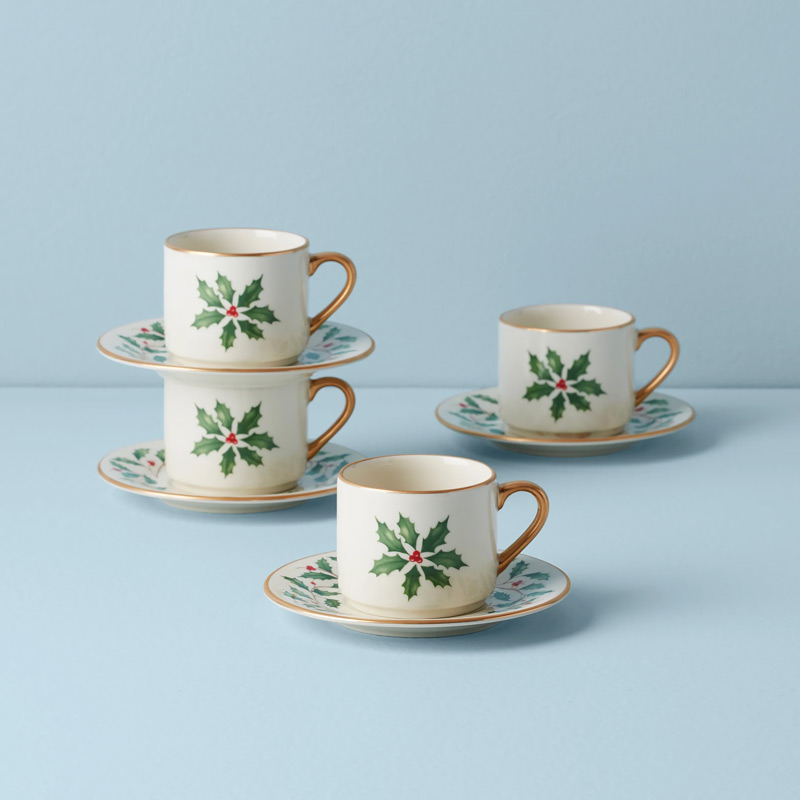 Holiday Espresso Cups and Saucers Set of 4