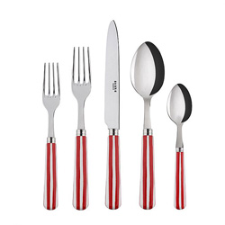 A photo of White Stripe Red 5pc Place Setting