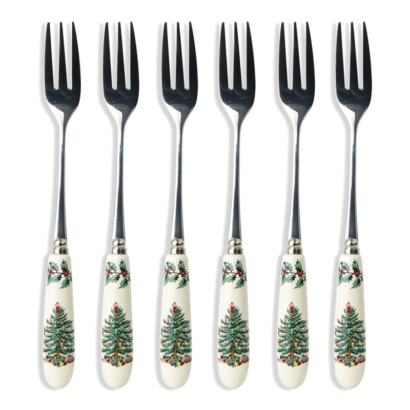 6 pasrty froks with white porcelain handles and christmas trees on them