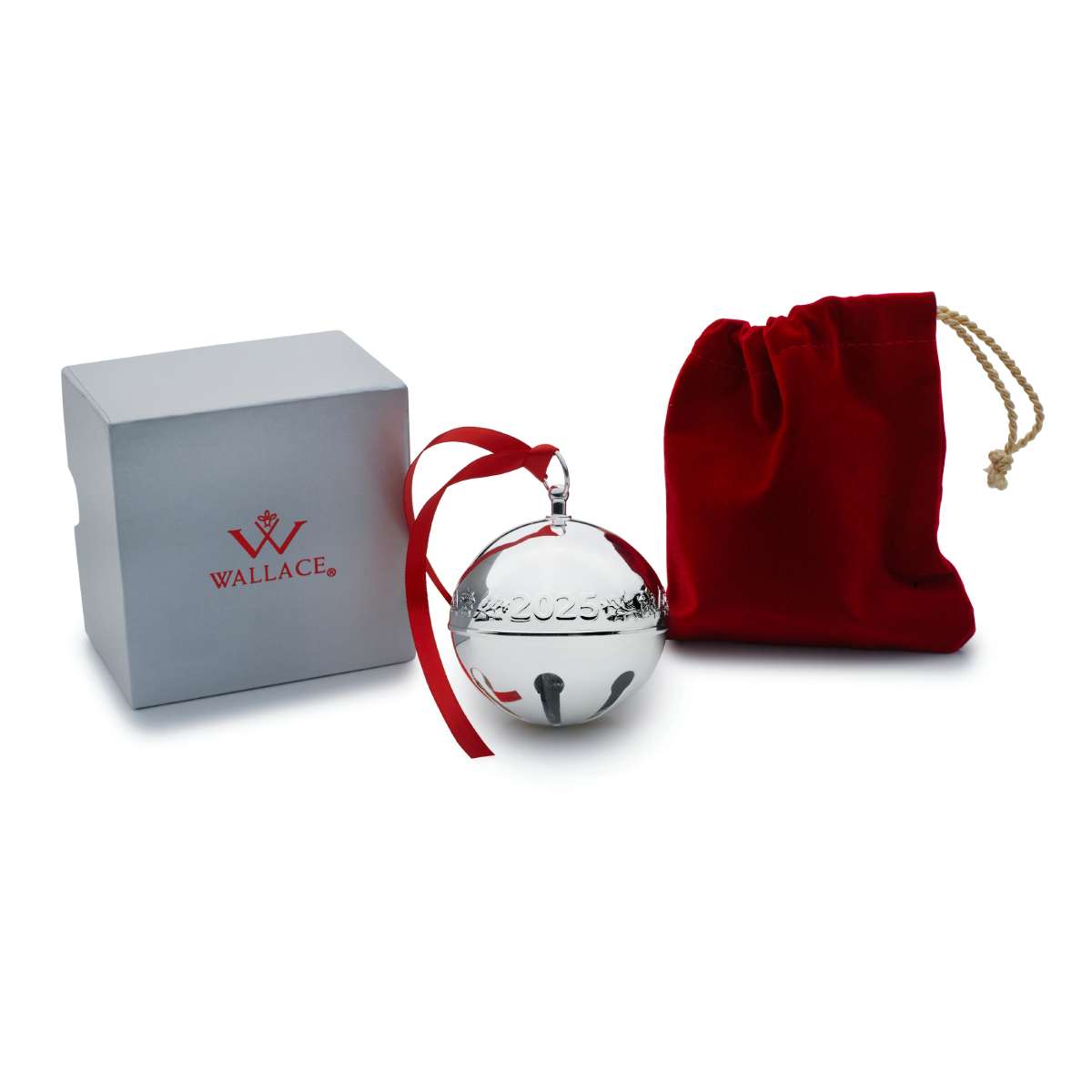Silver Christmas ornament with red pouch and silver box