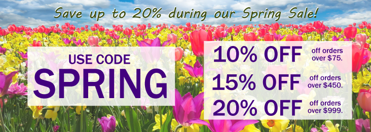 Spring Sale coupon code for discount of 10, 15, and 20% off site wide! Use code SPRING