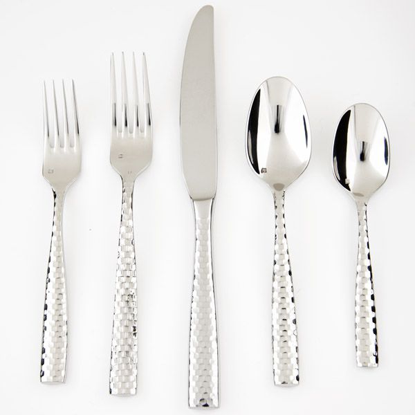 A 5-piece Fortessa Lucca Faceted silverware set including salad fork, dinner fork, table knife, soup spoon, and teaspoon.