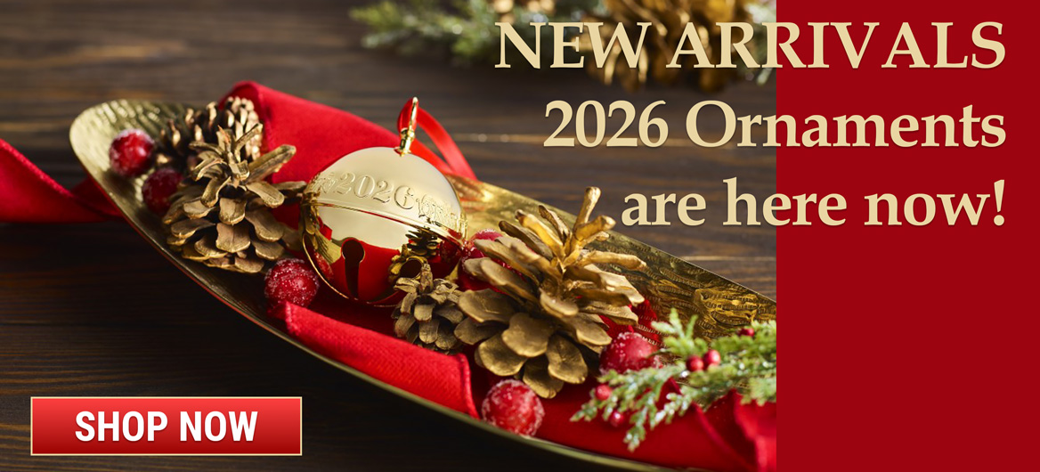 2026 Christmas ornaments, including a Wallace silver-plated sleigh bell with festive red accents.