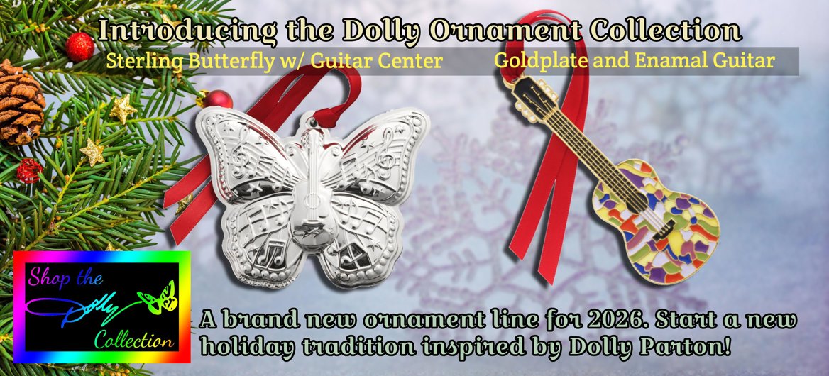 A silver butterfly ornament and a colorful enamel guitar-shaped ornament. Introducing the Dolly Ornament Collection.