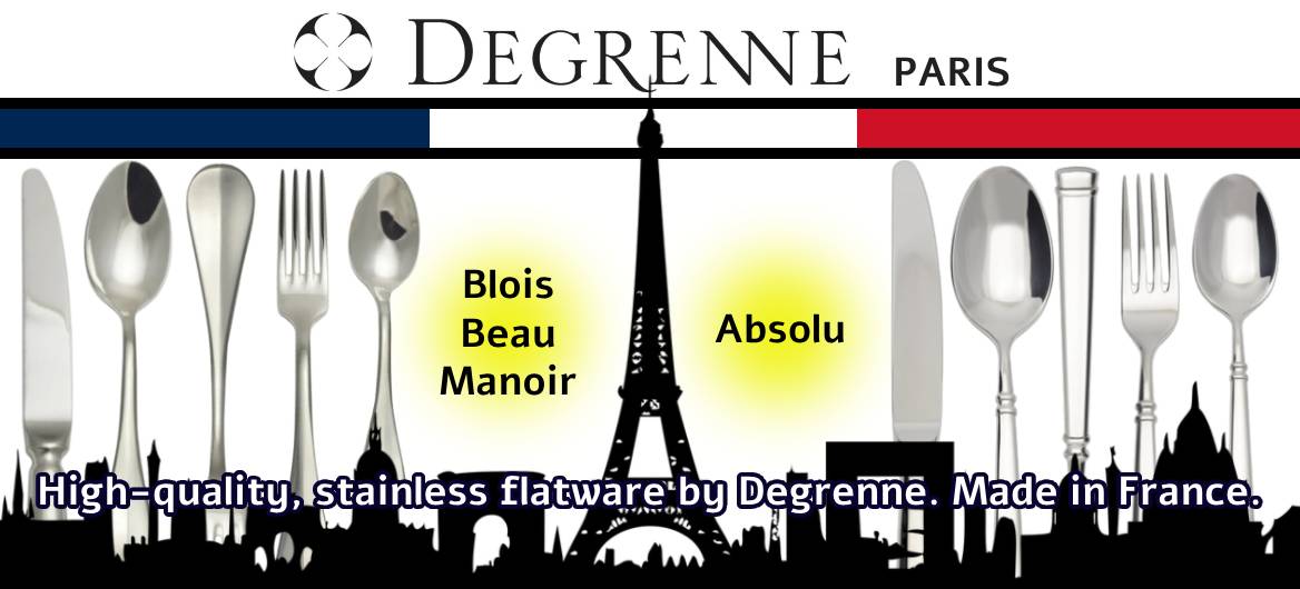 5-piece sets of Absolu and Beau Manior flatware by Degreen on white background with Paris skyline in silhouette