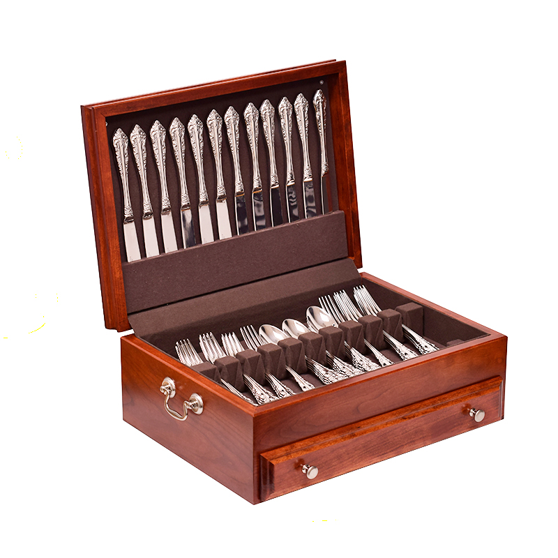 American Chest Flatware Chest in Cherry, open and showing silverware