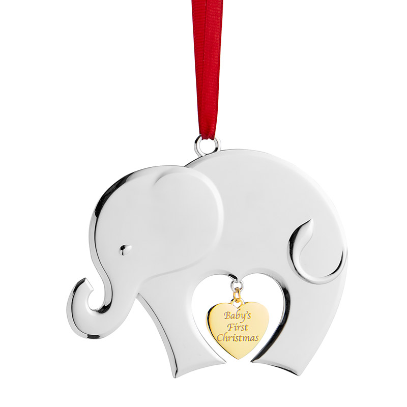 Silver Plate Baby Elephant Ornament with Gold Plate Heart and Red Hanging Tag